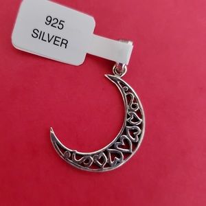 925 Sterling Silver Crescent Moon Hearts Necklace Pendant New